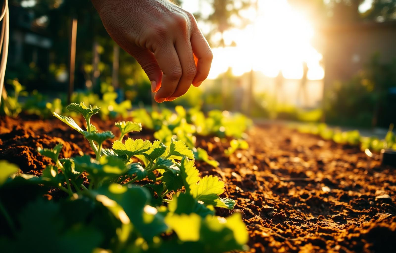 Hands tending a thriving garden at sunrise